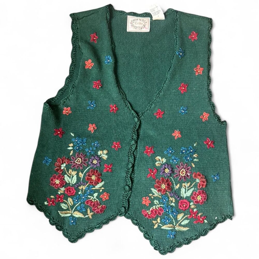Erika Green Embroidered Sweater Vest Floral Knit Cottagecore Boho Size Large